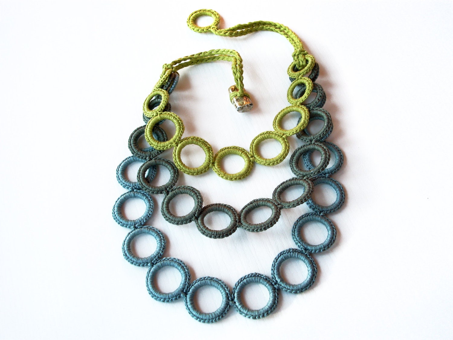 ON SALE Bib fiber necklace crochet / Necklace cotton blue lime olive green / Statement textile jewelry / Spring fashion / Fiber art necklace
