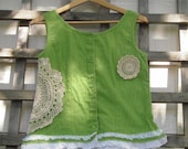 Eco Chic Pixie Green Shirt Vest / Upcycled Vest with Vintage Lace & Doilies - FuriousDesigns