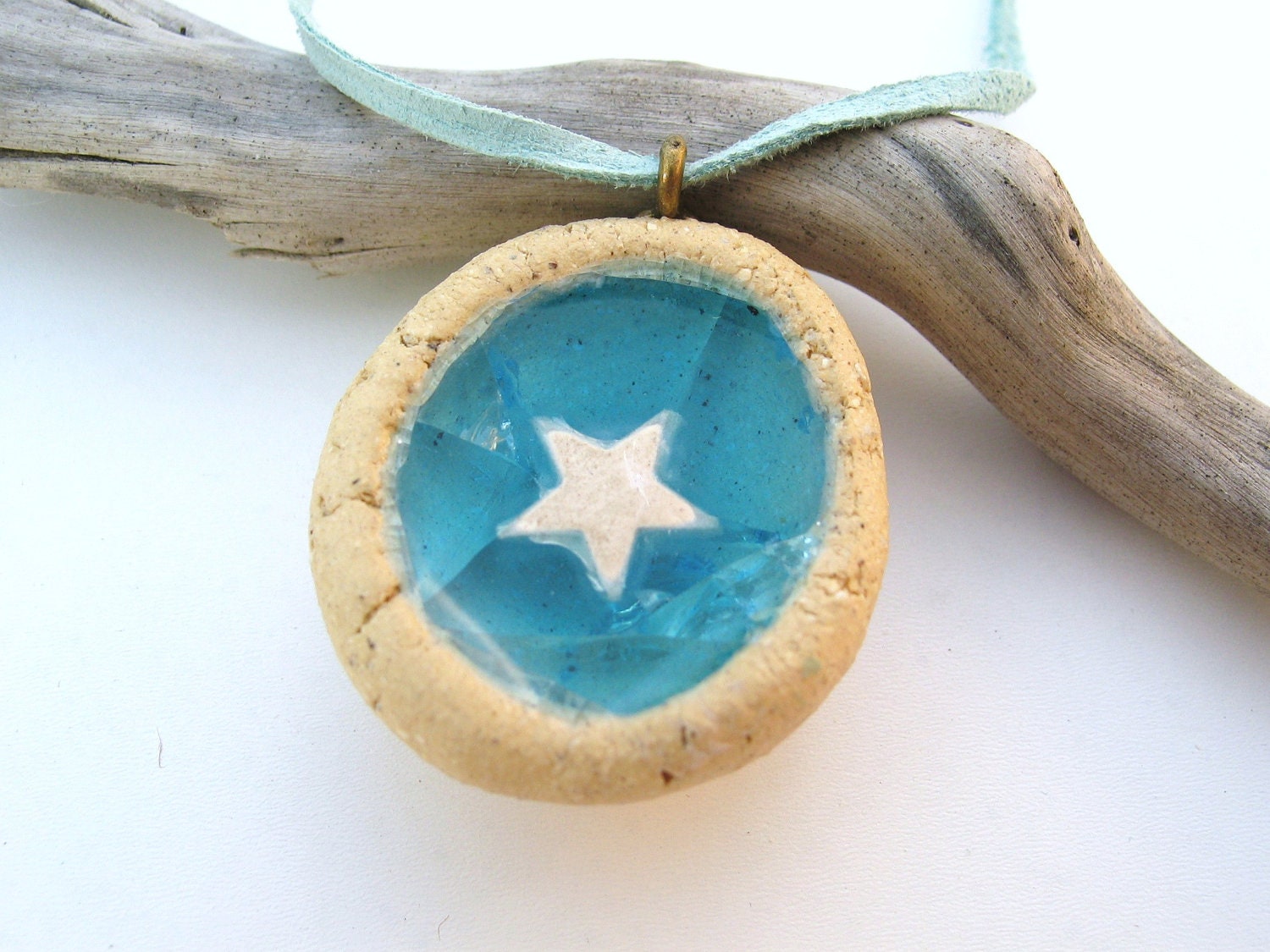 Turquoise glass pendant star rustic sand coloured bowl seafoam suede aqua unique gift