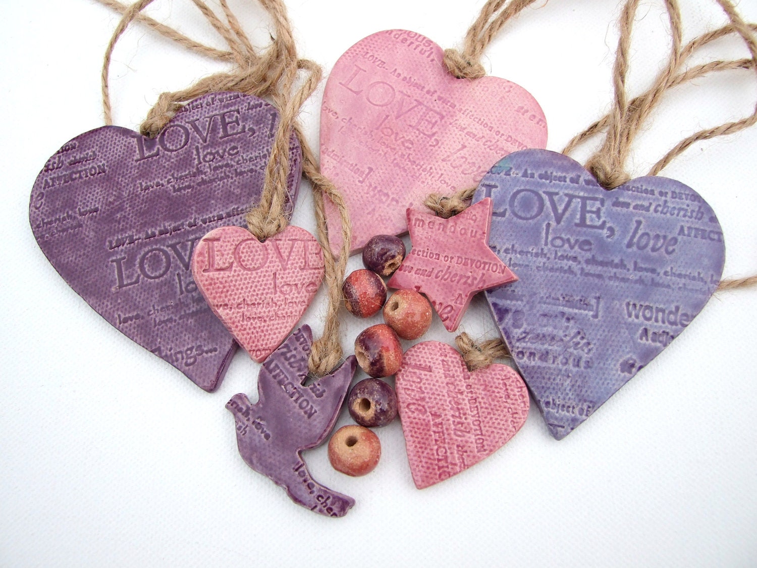 Wedding decorations ceramic purple pink hearts star bird beads love words hemp twine ornaments