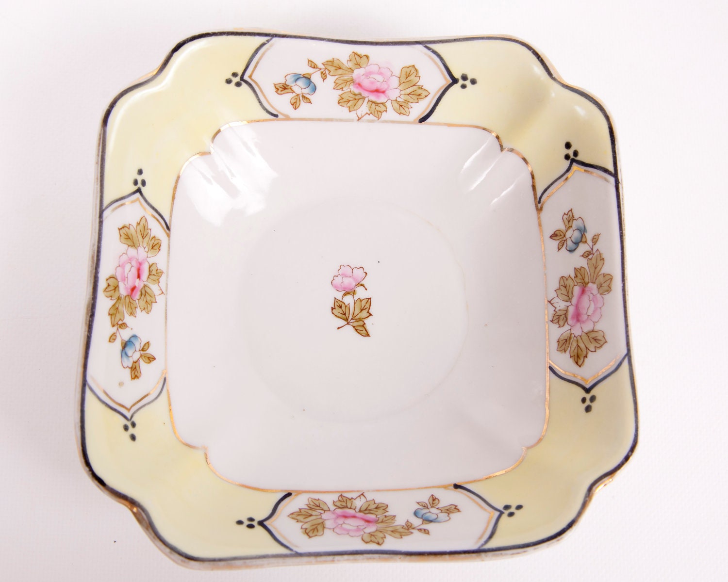 Vintage Yellow Square Bowl Footed Floral Bowl Pink Roses Made in Japan Green Crown Back Stamp
