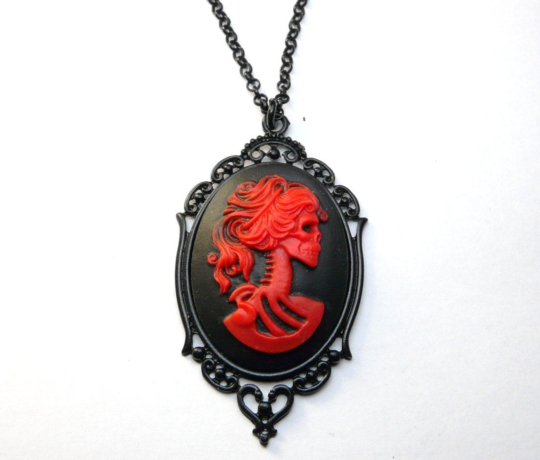Day Of The Dead Black & Red Lolita Skeleton Necklace, Large Version, Skull, Gothic, Lady,