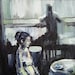 Fine Art Print -  Au Café, girl in cafe, monochrome painting, 10 x 10
