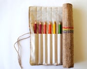 Burlap Pencil Roll - Holds 12 Pencils / Crayons / Brushes / Pens / Hooks - BlueJacaranda