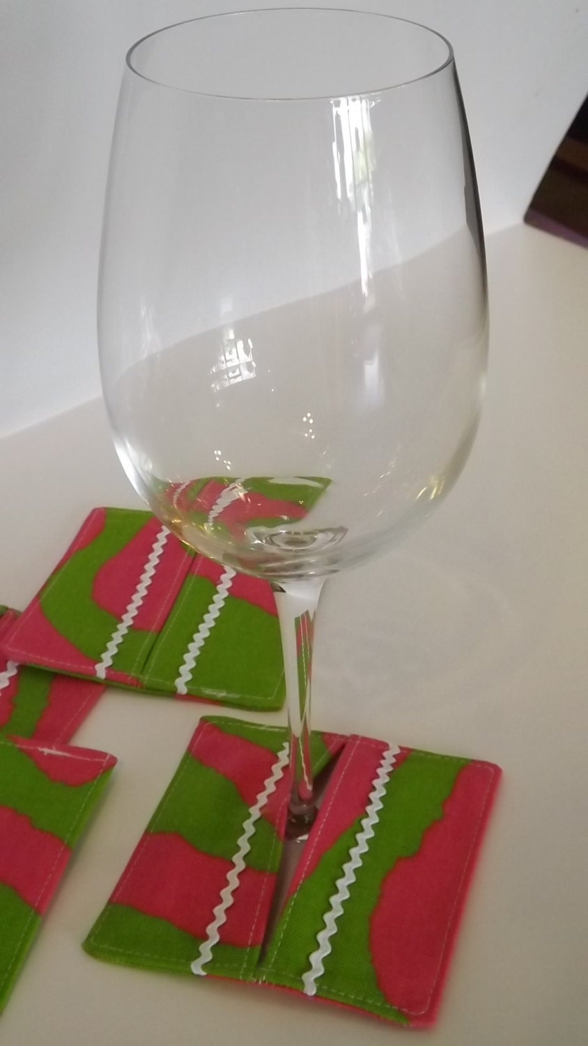 Stemware Coasters, Fabric Coasters, Green and Pink animal print, FREE SHIPPING,Set of 4, Stem slippers