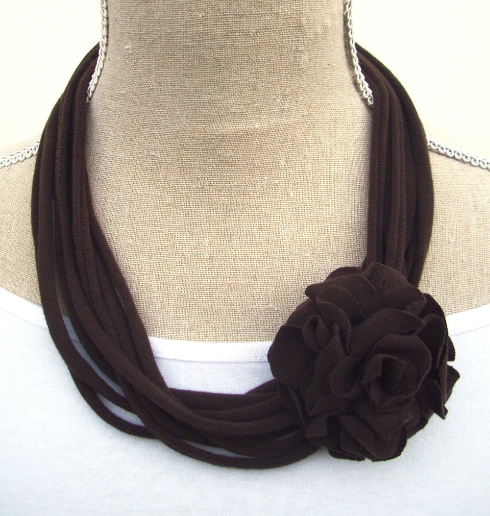 Upcycled Brown Jersey Tee Noodle Necklace with Removable Flower Clip, Repurposed Recycled T-shirt Loop Scarf, Accessory