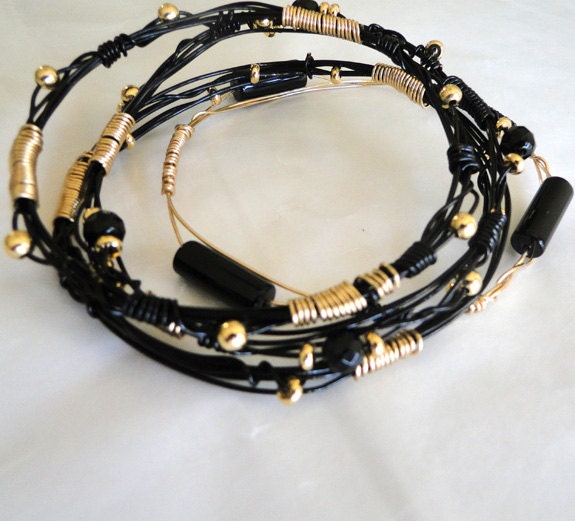 Stackable, Bangle bracelet, unisex, gold, black, wire wrap bracelet, handmade - PachamamaLove