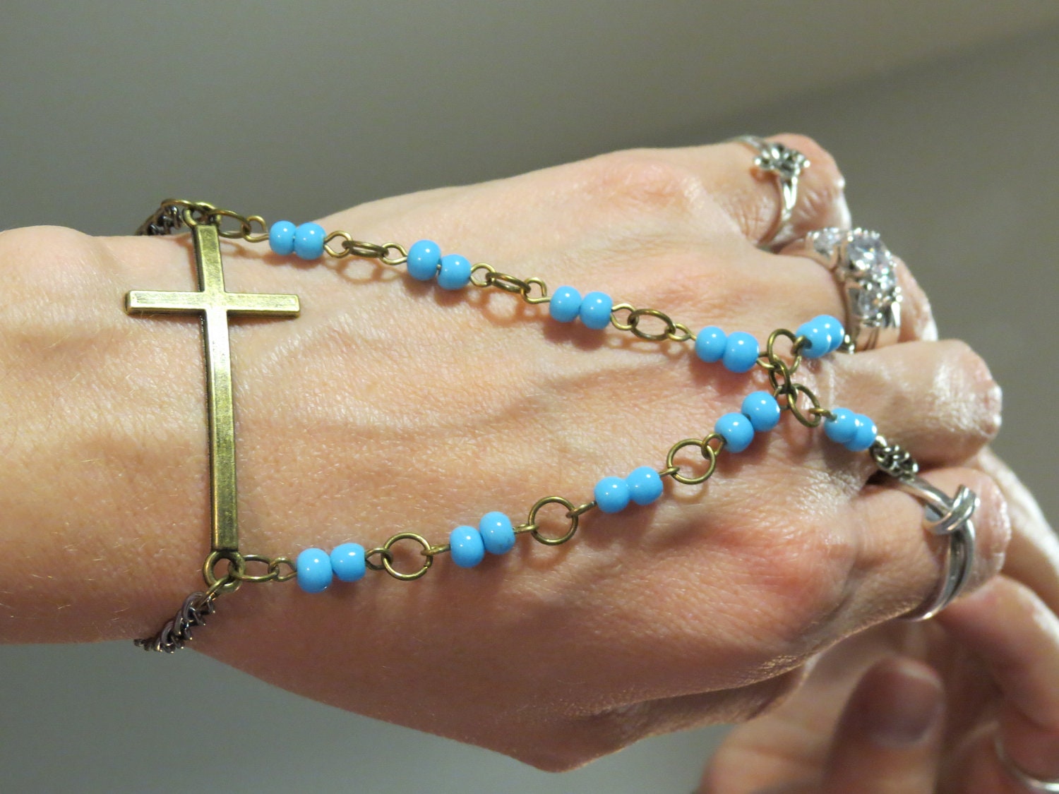 Beaded Cross Bracelet Ring, Slave Bracelet, Religious, Christian, Catholic Bracelet, baby blue, Blue Sky, Custom Sized, Cross