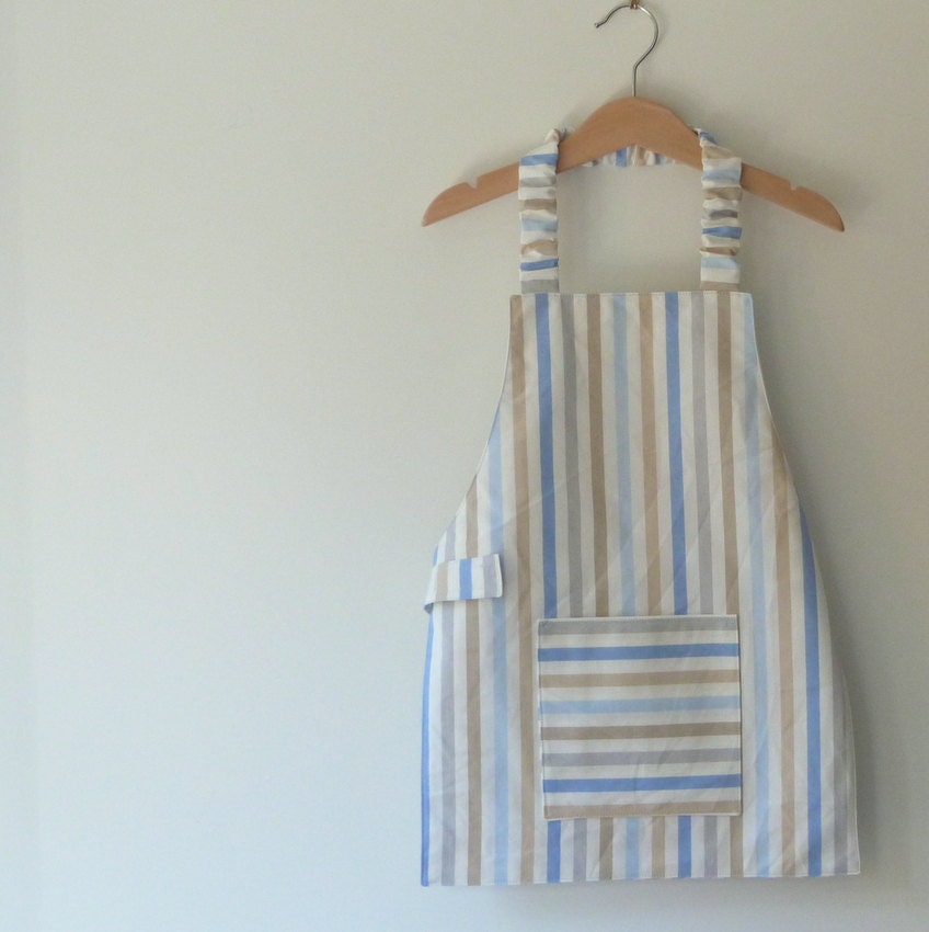 Kids Apron, Simple Childrens Apron,  Blue and Brown Stripes, Free US Shipping
