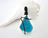Rare Turquoise and white sea glass pendant unisex free shipping