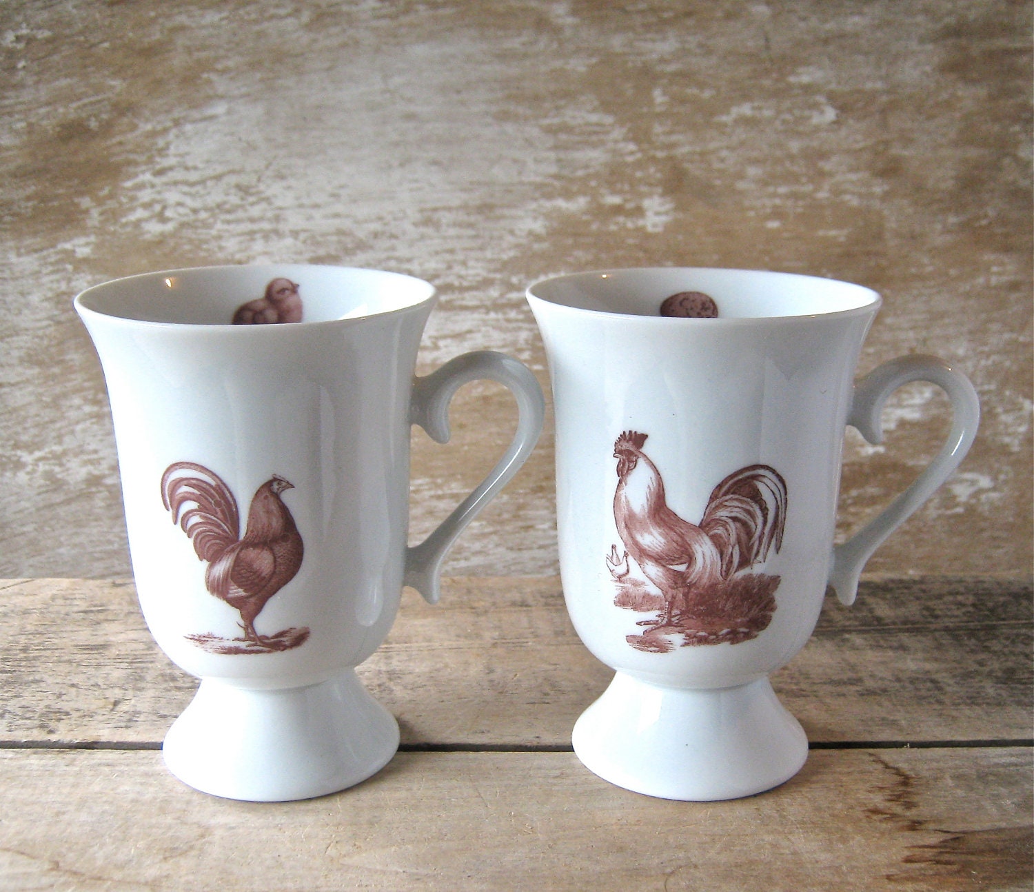 Rooster and Chickens Mugs, Pedestal Style Cups, Farm Fresh Coffee Mugs, Recycled Porcelain, Ready to Ship