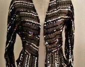 Serious Siren peplum jacket top Sequined Dolman sleeves w Black Silver Stripe.Sheer Vintage sz sml  to Large fit US sz 4-8 approx