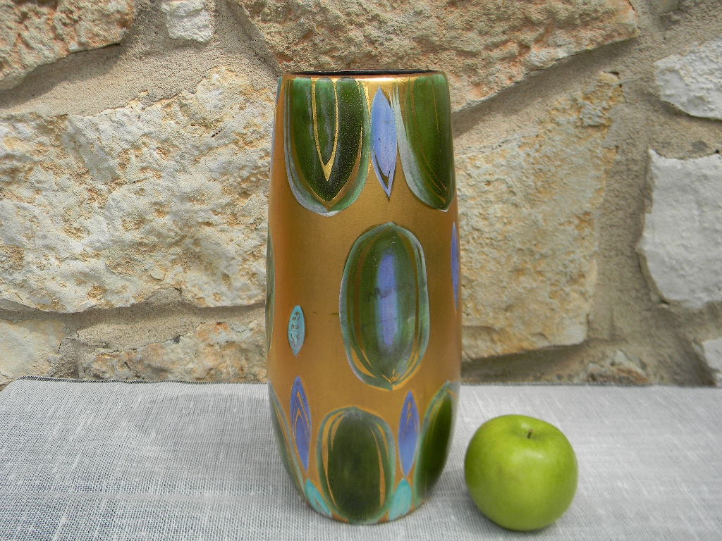 Vintage Mid Century Modern Sascha Brastoff Studio Pottery Vase Gold Leaf Blue Green