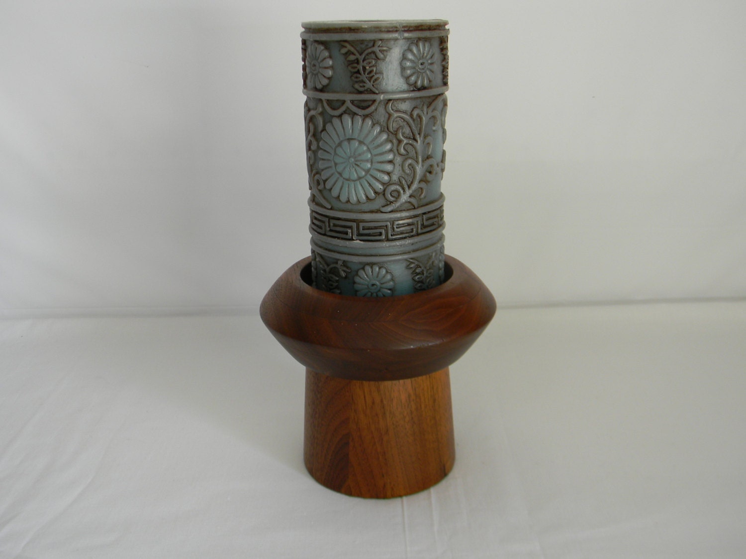 Vintage Mid Century Solid Teak Pillar Candle Holder Home Decor