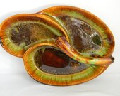 Vintage Mid Century Modern Pottery Serving Dish Plate Tray Bowl Brown Green Drip Glaze Serving