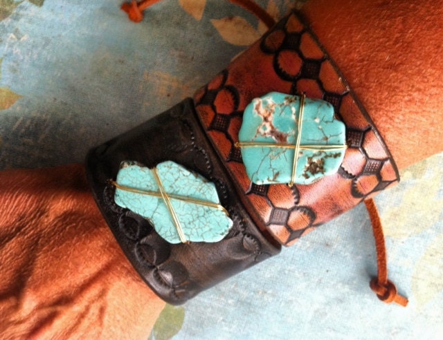 Leather Cuff Bracelet, Southwest Bracelet, Cowgirl Jewelry, Boho Chic Adjustable Cuff, Turquoise