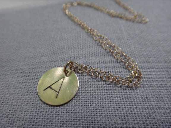 Custom engraved initial charm necklace on gold filled disc