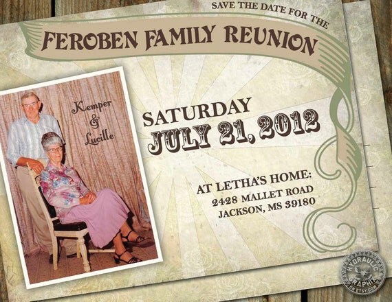 Family Reunion Save the Date Invitation Postcard with vintage and organic elements and photo Il_570xn