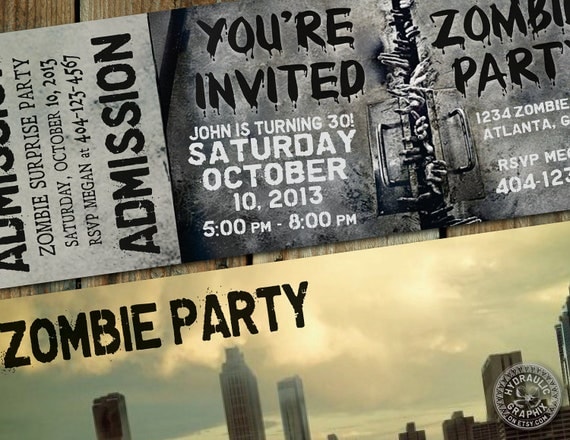 The Walking Dead Party theme Invitation Ticket for birthday, halloween, costume, haunted house and anything zombie party Il_570xn