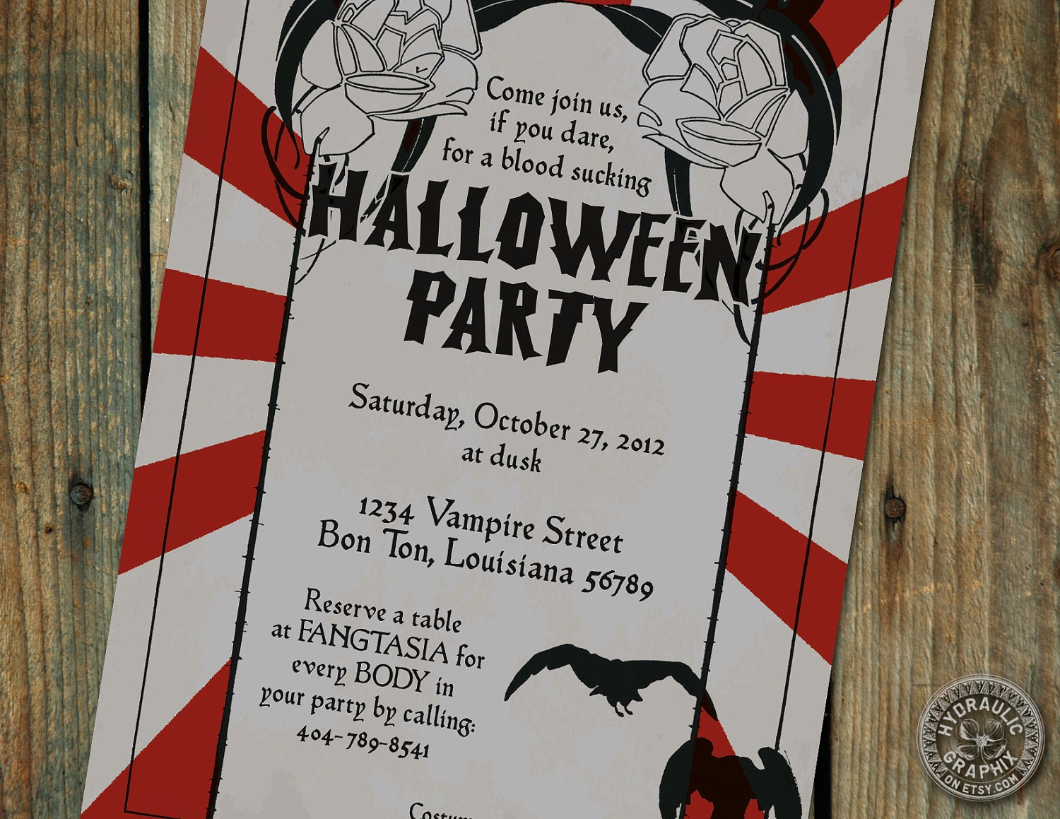 Vampire themed Halloween Costume Party Invitation inspired by True Blood with a classic vintage look with black crows, gray and blood red Il_570xn