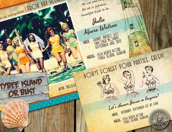 Retro Bachelorette Party on the beach or cruise Invitation with a lighthouse, cocktail, palm tree with matching lingerie shower enclosure Il_570xn