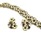 Florenza Amethyst Mother of Pearl Bracelet w Earrings 1950s Vintage Bridal Jewelry
