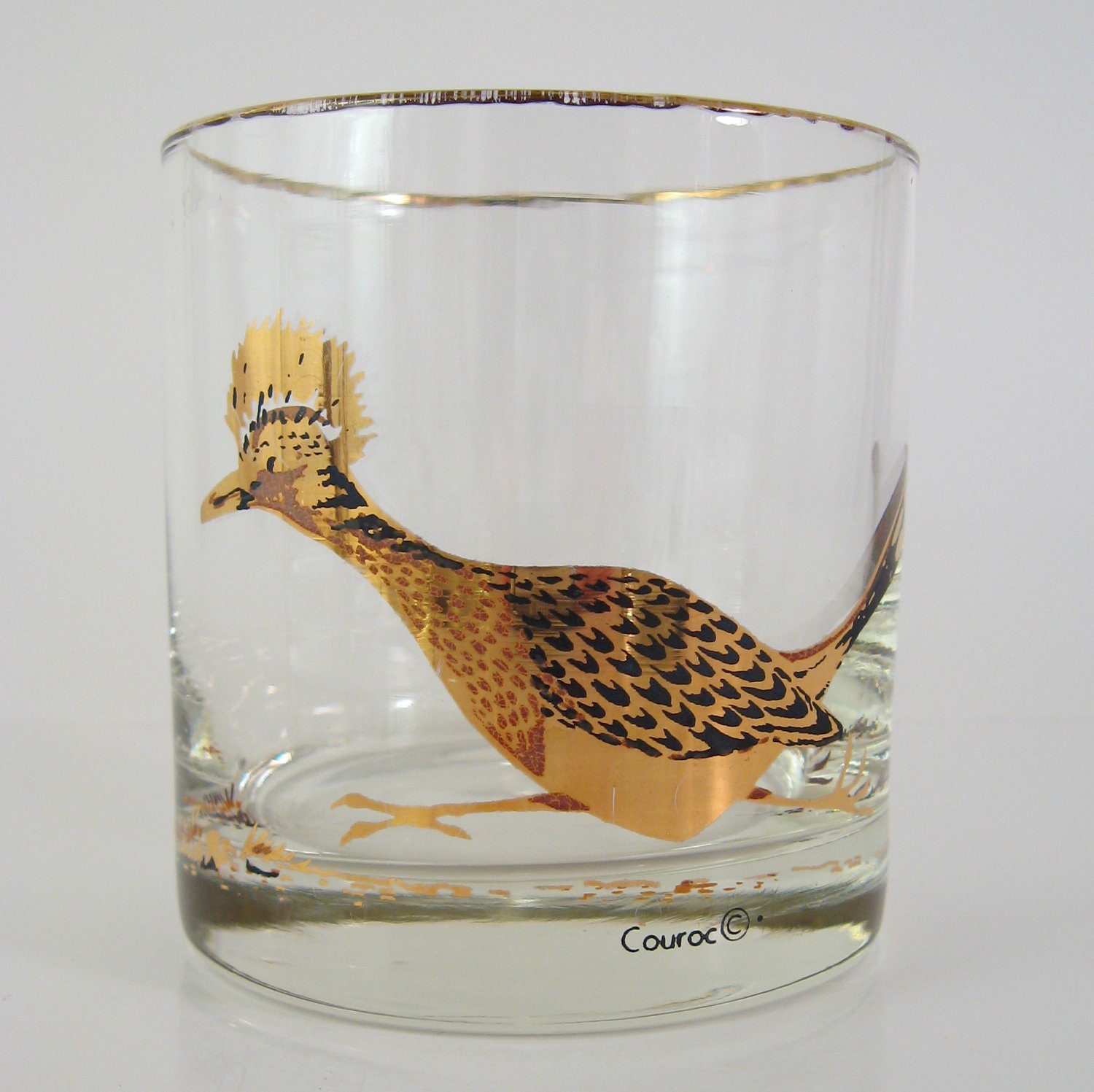 Vintage Couroc Lowballs, Set of 8, Gold Roadrunners, Mid-Century Barware, 1950's 1960's