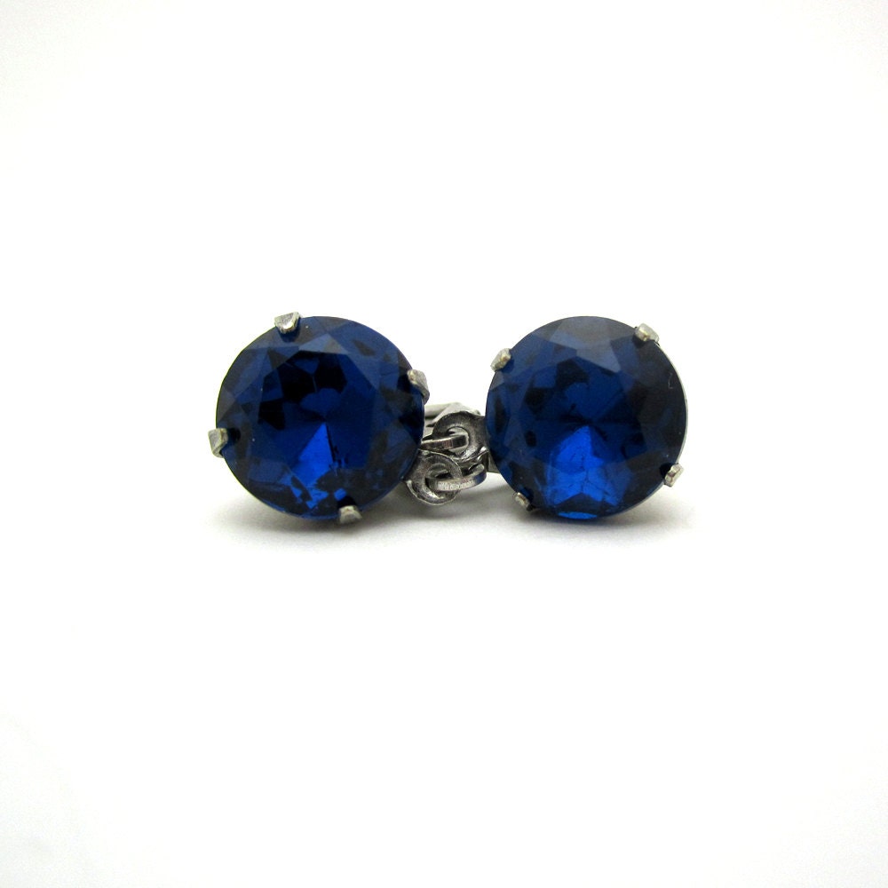 Blue Glass Earrings - Montana Prussian Nautical Blue - Vintage Glass Stone - Silver Plated Leverback - ArxRosarum