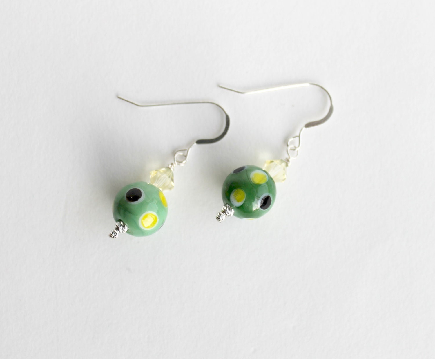 Swarvoski and Green Lampwork Bead Earrings, Polka Dot Beads, Sterling Silver Ear-wires