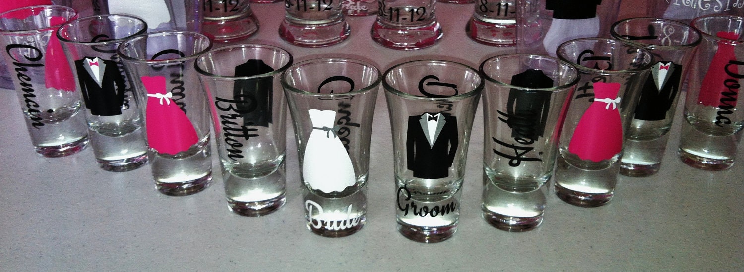 Set of 10 Personalized  shot glasses.Great for bachelorette and wedding parties. Dress, tux or mustach.