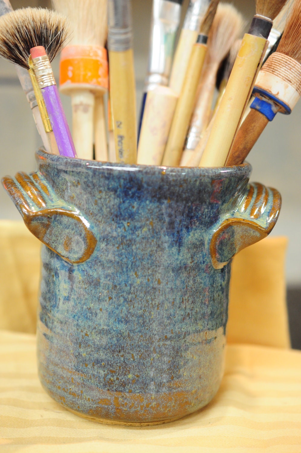 5" Tall Stoneware Pottery Utensil/Paintbrush Holder in Antique Iron High Fire Glaze.
