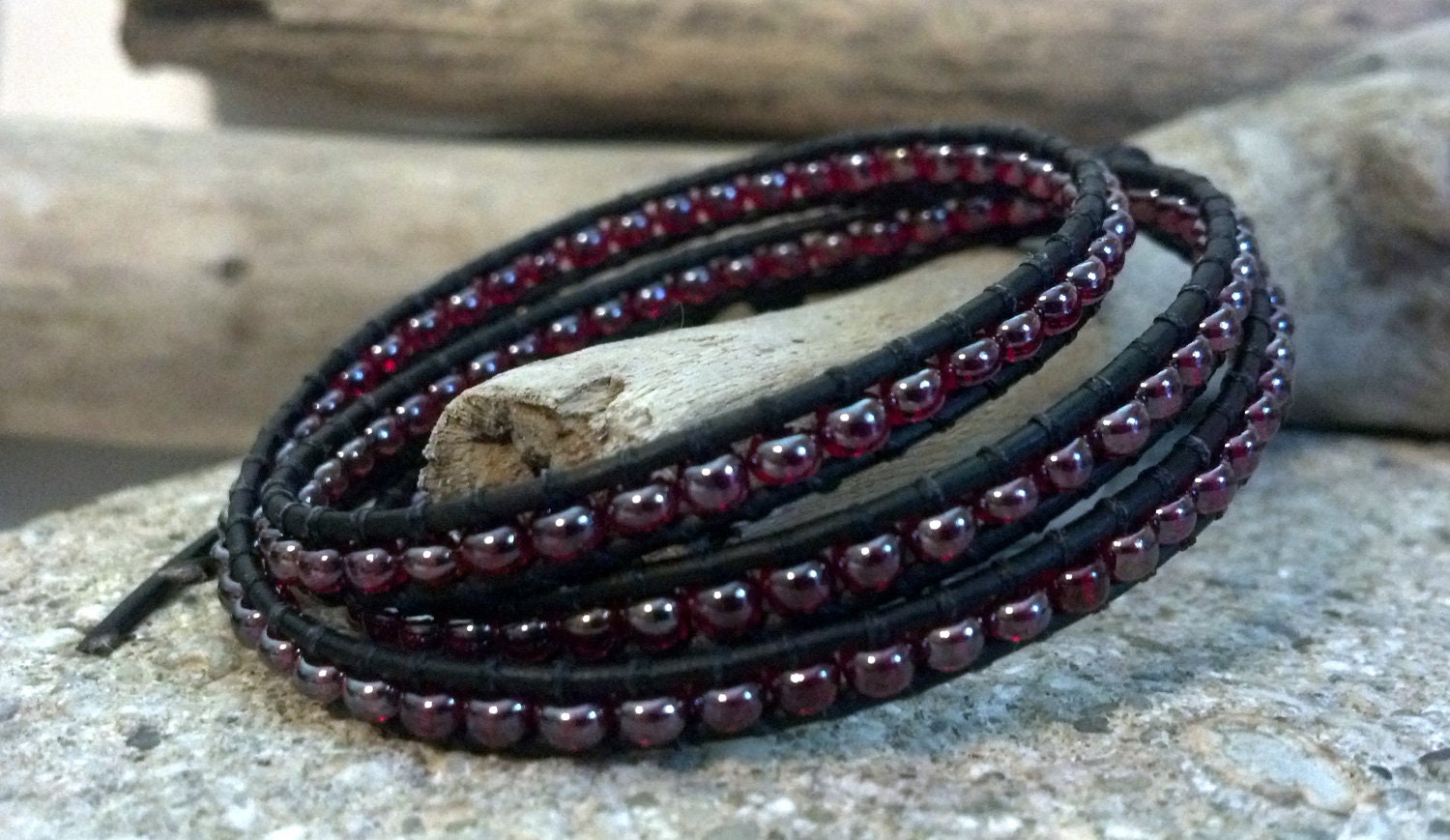 Garnet Triple Leather Wrap Bracelet, Czech Glass Seed Beads, Gypsy Chic, Chan Luu Inspired