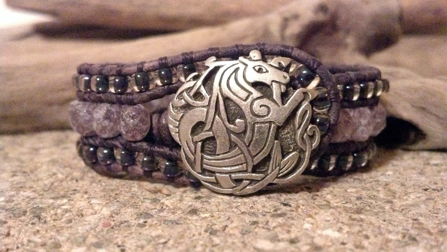 Beaded Leather Cuff Bracelet, Amethyst Stone Luster,  Beaded Leather Wrap Bracelet, Shabby Chic