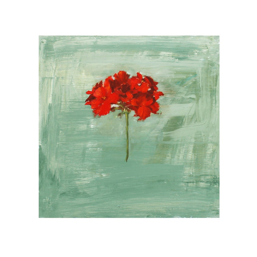 Original Oil Painting Still Life Red Geranium Flower on blue background 18x18 wood panel