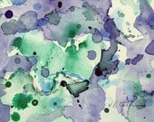 Color Spot 008, original watercolor abstract, green, blue and purple, with white mat included