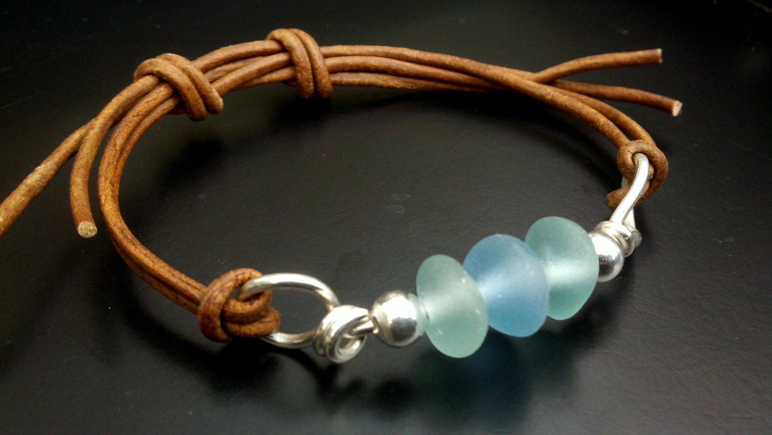 Sea Glass Bracelet, Sea Glass Jewelry, Sterling Silver, Natural Leather Cord, Adjustable, Sea Glass
