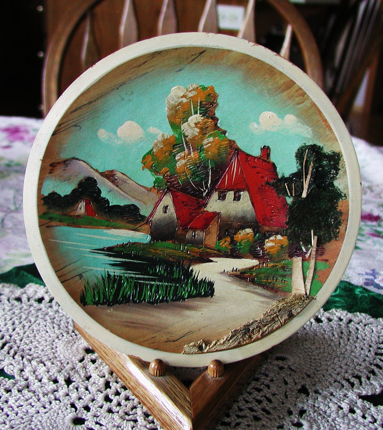 10% Discount VINTAGE .. Wooden Vintage Hand Carved and Hand Painted Plate Japan