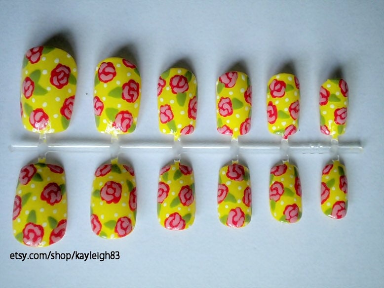 Pink Roses on Yellow Nail Art