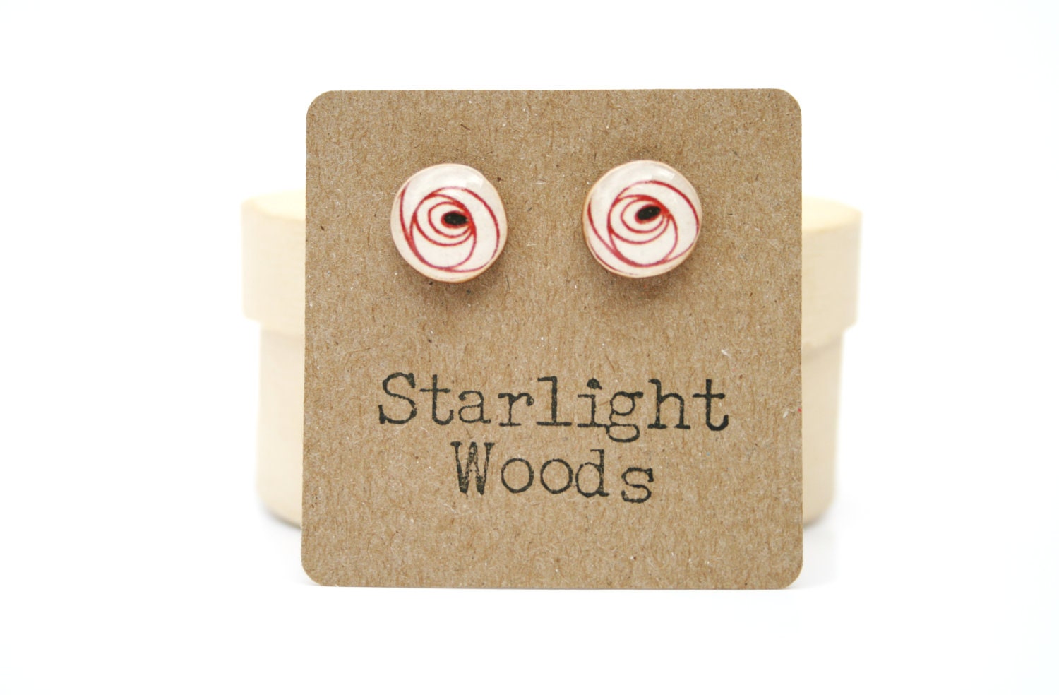 Red circle studs earrings , abstract circles studs , fall wood jewelry , x mas stud earrings , nature inspired jewelry  eco friendly