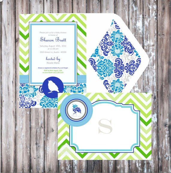LITTLE BIRD Birthday Party or Baby Shower Invitation - Blue and Green Invittion Il_570xn