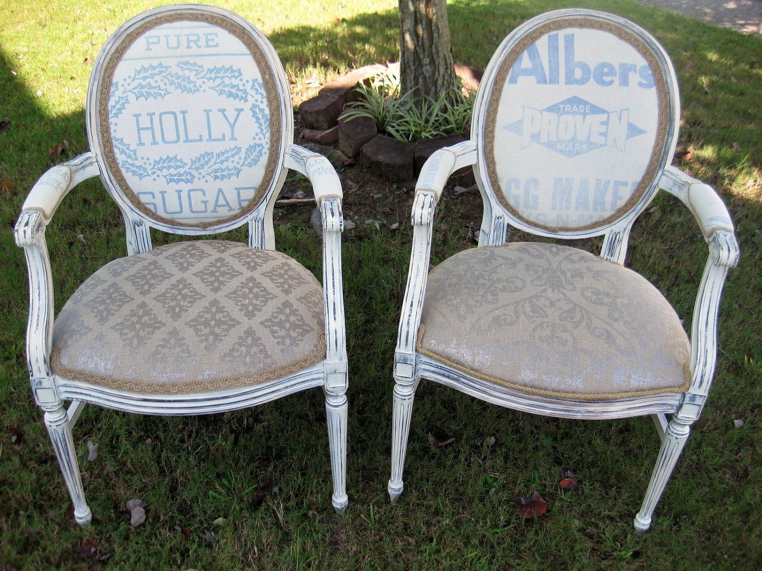 Vintage French Feed Sack Arm Chairs Upholstered Burlap Painted White Distressed Country Chic Modern Shappy