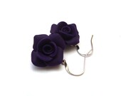 Rosebud Rose Flower Polymer Clay Deep Purple Dangle Earrings. Purple Jewelry. Deep Purple Roses.Flower Jewelry