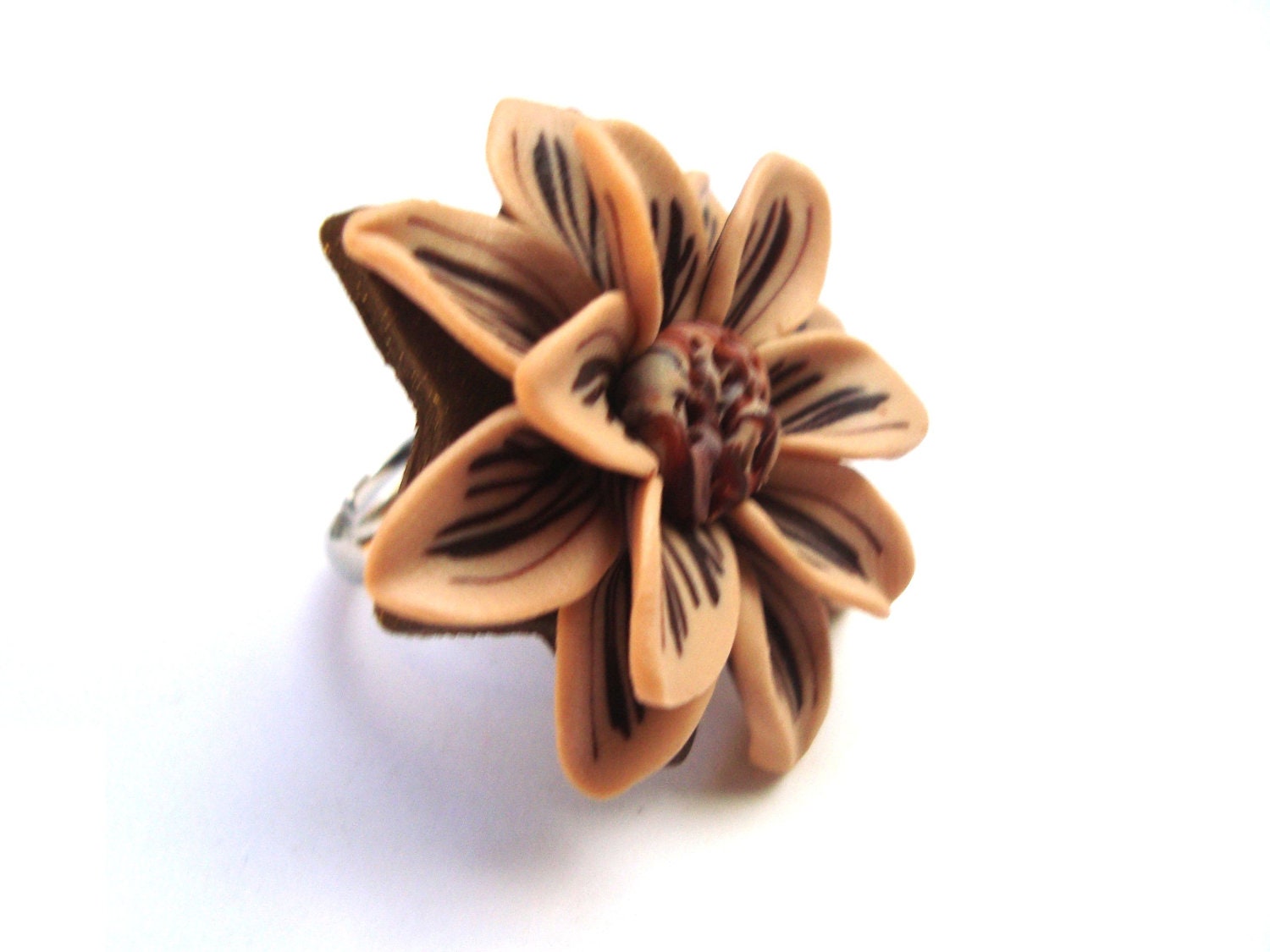 Polymer Clay Nude Beige and Brown Flower Adjustable Ring. Hand Crafted Flower Jewelry
