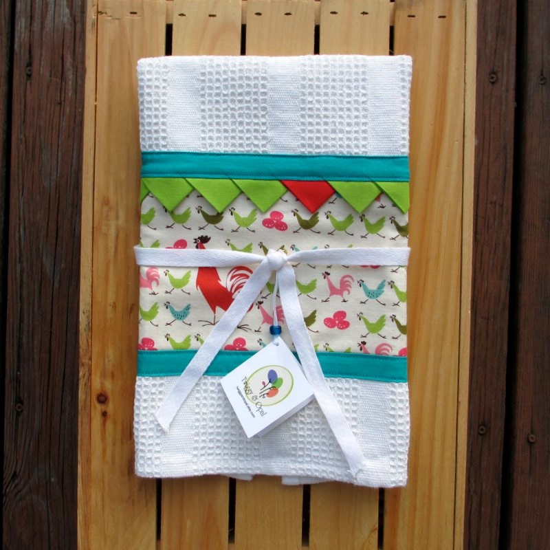 Kitchen Towel, Lime Green, Teal Hand Towel, Rooster and Chickens