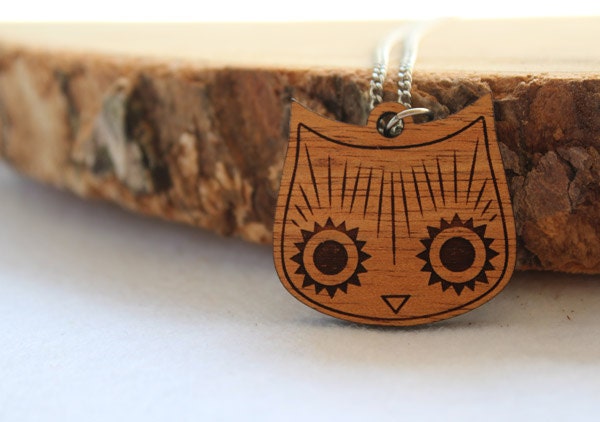 Wood laser cut necklace pendant cat Owl head stainless steel chain natural wooden finish