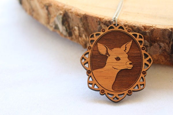 Laser cut wood necklace - Adorable little deer fawn bambi cameo, natural wooden finish