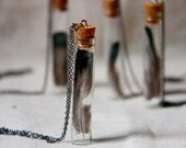 botanical vial necklace preserved specimen corked top feather on an extra long chain. boho shabby chic