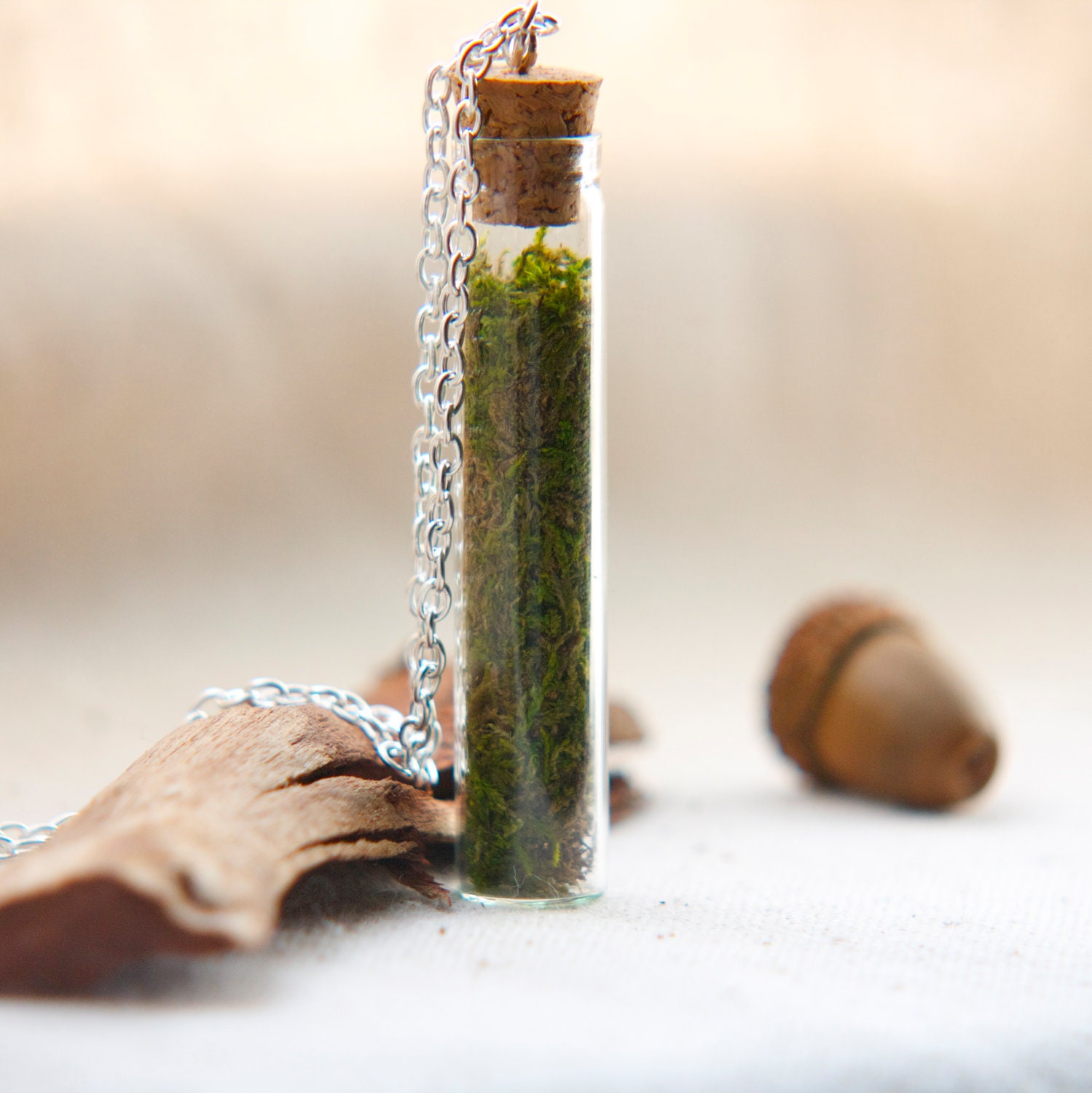 vial necklace botanical preserved specimen corked sage green moss. natural nature. tree woods emerald