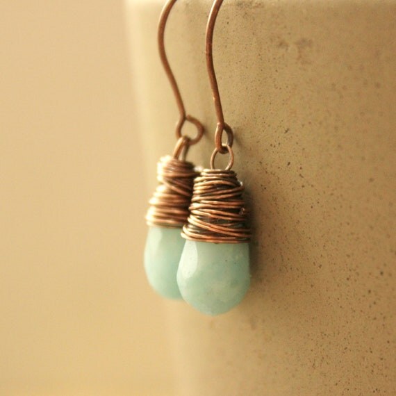 Amazonite copper wire wrap earrings sky blue oxidized antiqued--"Earth and Sky"