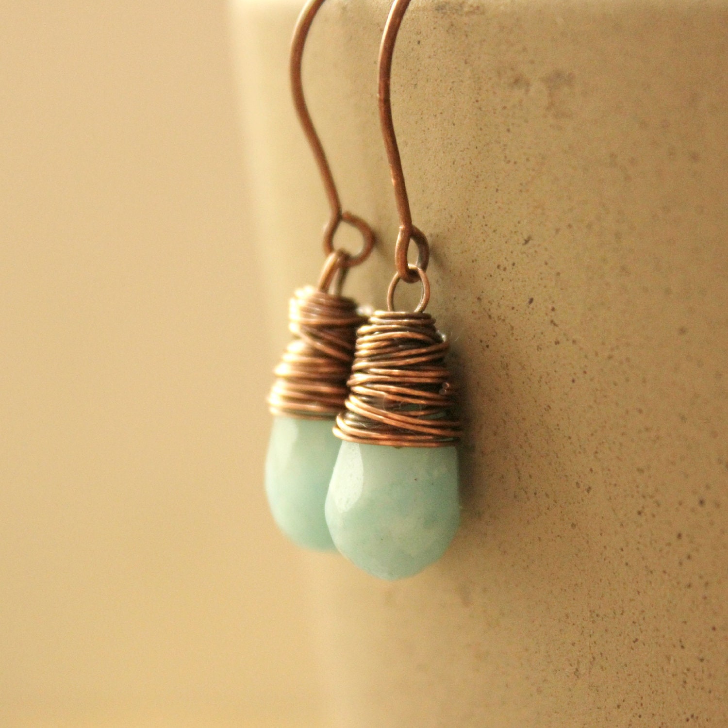 Amazonite copper wire wrap earrings sky blue oxidized antiqued--"Earth and Sky"